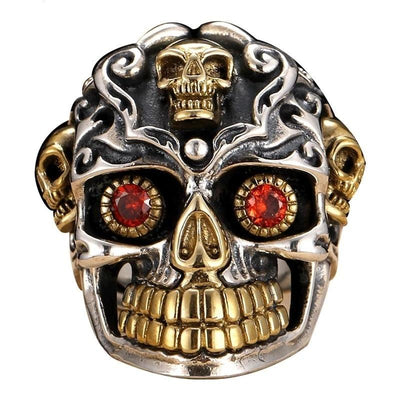 925 Sterling Silver Red Cubic Zirconia Eyes Skull Ring Male Gold Adjustable Rings For Men Punk Gothic Jewelry