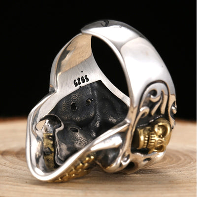 925 Sterling Silver Red Cubic Zirconia Eyes Skull Ring Male Gold Adjustable Rings For Men Punk Gothic Jewelry