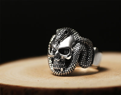 925 Sterling Silver Skull Ring Men With Snake Big Punk Rock Gift For Biker Man Rings Silver Gothic Jewelry