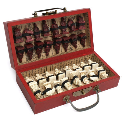 Chinese Wood Leather Box with 32 Pieces Terracotta Figure Chess Set