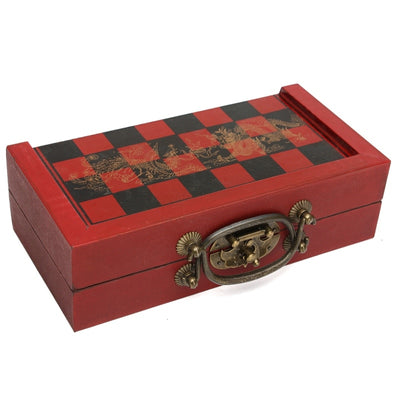 Chinese Wood Leather Box with 32 Pieces Terracotta Figure Chess Set