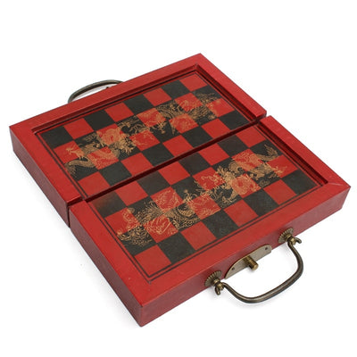 Chinese Wood Leather Box with 32 Pieces Terracotta Figure Chess Set