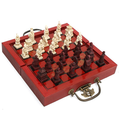 Chinese Wood Leather Box with 32 Pieces Terracotta Figure Chess Set