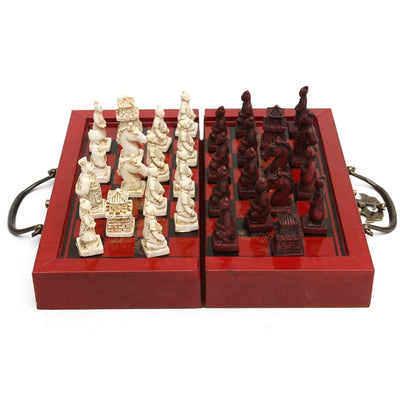 Chinese Wood Leather Box with 32 Pieces Terracotta Figure Chess Set