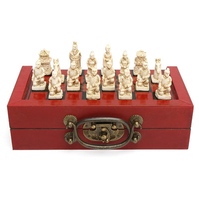 Chinese Wood Leather Box with 32 Pieces Terracotta Figure Chess Set