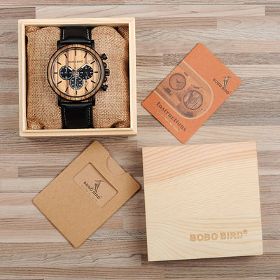 Wood and Stainless Steel Watches Luminous Hands Stop Watch Mens Quartz Wristwatches in Wooden Box