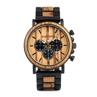 Wood and Stainless Steel Watches Luminous Hands Stop Watch Mens Quartz Wristwatches in Wooden Box