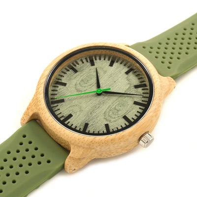 Men's Quartz Watch With Silicone Strap Green Wooden Bamboo Casual Japanese Movement Watch