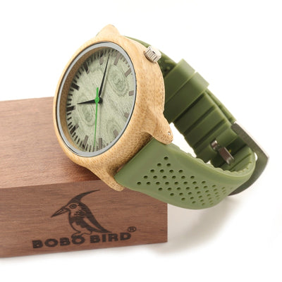 Men's Quartz Watch With Silicone Strap Green Wooden Bamboo Casual Japanese Movement Watch