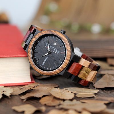 Antique Mens Wood Watches Date and Week Display Business Watch with Unique Mixed Color Wooden Band