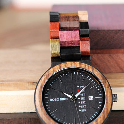 Antique Mens Wood Watches Date and Week Display Business Watch with Unique Mixed Color Wooden Band