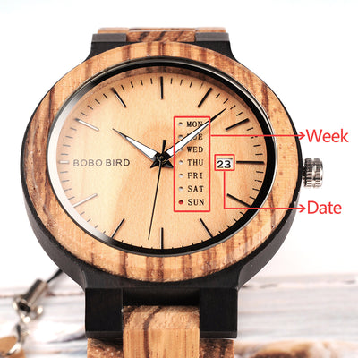 Antique Mens Wood Watches Date and Week Display Business Watch with Unique Mixed Color Wooden Band