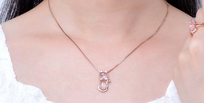 Rose Gold Color Cute Cat Ross Quartz Pink Opal Jewelry Necklace for Women