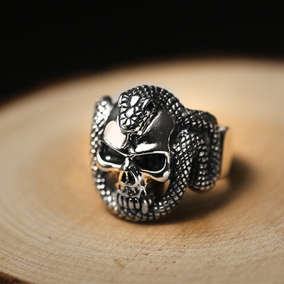 925 Sterling Silver Skull Ring Men With Snake Big Punk Rock Gift For Biker Man Rings Silver Gothic Jewelry