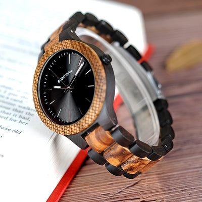 Two-tone Zebra Wood & Ebony Wooden Watches Luminous Hands Quartz Wristwatch for Men in Wooden Gift Box