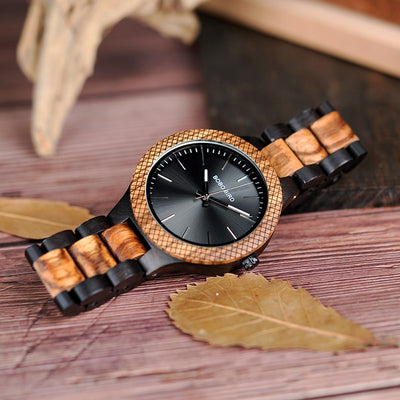 Two-tone Zebra Wood & Ebony Wooden Watches Luminous Hands Quartz Wristwatch for Men in Wooden Gift Box