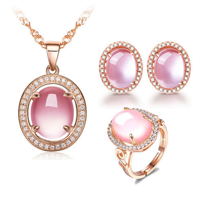 Rose Gold Color Oval CZ Crystal Ross Quartz Pink Opal Necklace Earrings and Ring Jewelry Set