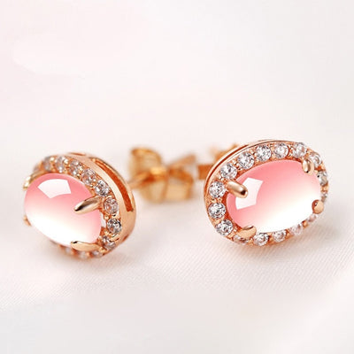 Rose Gold Color Oval CZ Crystal Ross Quartz Pink Opal Necklace Earrings and Ring Jewelry Set