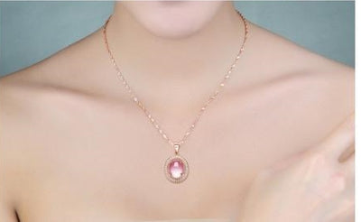 Rose Gold Color Oval CZ Crystal Ross Quartz Pink Opal Necklace Earrings and Ring Jewelry Set