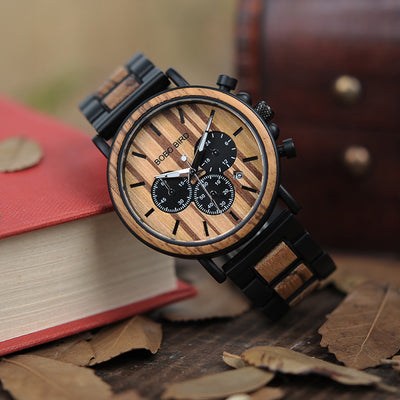 Wood and Stainless Steel Watches Luminous Hands Stop Watch Mens Quartz Wristwatches in Wooden Box