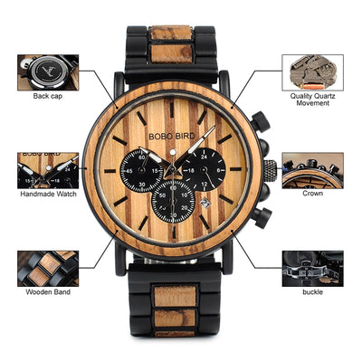 Wood and Stainless Steel Watches Luminous Hands Stop Watch Mens Quartz Wristwatches in Wooden Box