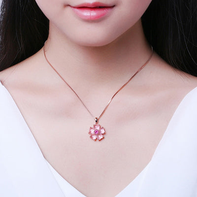 Rose Gold Color Pink Opal Necklace CZ Pendant Choker Flower Ross Quartz for Women