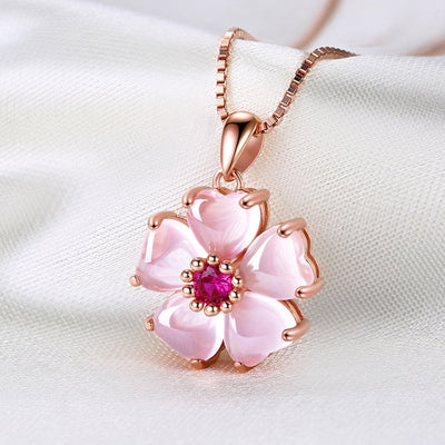 Rose Gold Color Pink Opal Necklace CZ Pendant Choker Flower Ross Quartz for Women