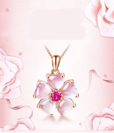 Rose Gold Color Pink Opal Necklace CZ Pendant Choker Flower Ross Quartz for Women