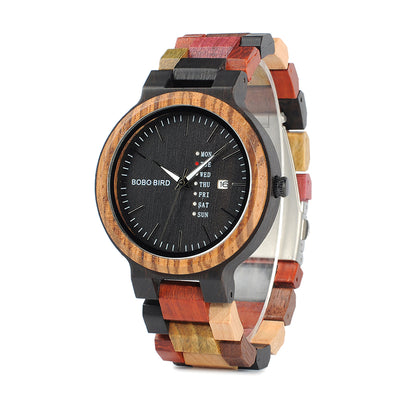 Antique Mens Wood Watches Date and Week Display Business Watch with Unique Mixed Color Wooden Band