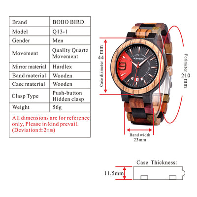 Date Display Business Watch for Mens Mixed Wooden Quartz Wristwatch in Wood Gift Box