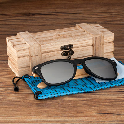 High Quality Vintage Black Square Sunglasses With Bamboo Legs Mirrored Polarized Summer Style Travel Eyewear Wood Box