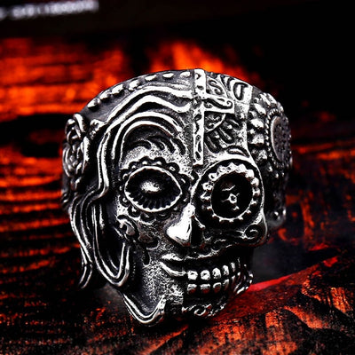 Skull Ring Stainless Steel men's Gothic Carving kapala with red blue eye rock