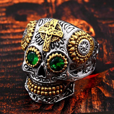 Skull Ring Stainless Steel men's Gothic Carving kapala with red blue eye rock