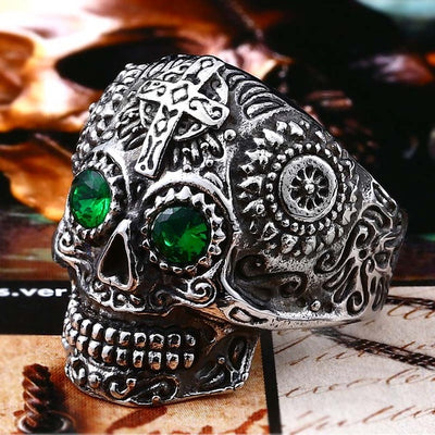 Skull Ring Stainless Steel men's Gothic Carving kapala with red blue eye rock