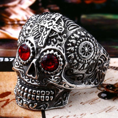 Skull Ring Stainless Steel men's Gothic Carving kapala with red blue eye rock