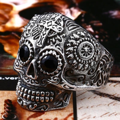 Skull Ring Stainless Steel men's Gothic Carving kapala with red blue eye rock