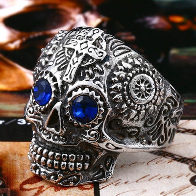 Skull Ring Stainless Steel men's Gothic Carving kapala with red blue eye rock