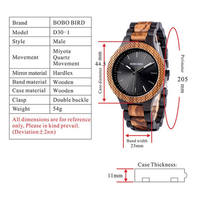 Two-tone Zebra Wood & Ebony Wooden Watches Luminous Hands Quartz Wristwatch for Men in Wooden Gift Box