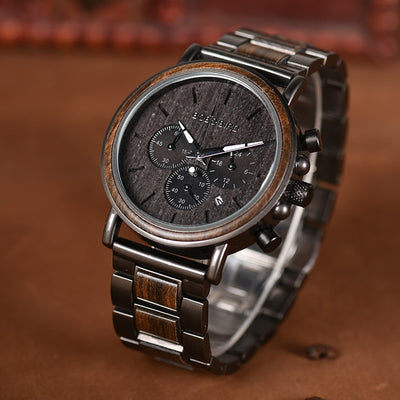 Luxury Wood Stainless Steel Men Watch Stylish Wooden Timepieces Chronograph Quartz Watches