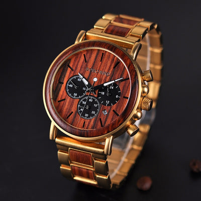 Gold Watch Men Luxury Brand Wooden Wristwatches Date Display Stop Watches  golden hour