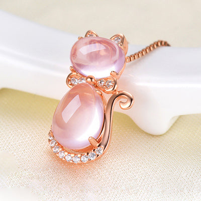 Rose Gold Color Cute Cat Ross Quartz Pink Opal Jewelry Necklace for Women