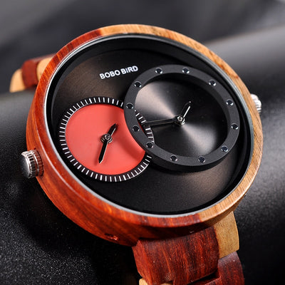 Ultra Thin Men Watch Original Wood Watches 2 Time Zone Display Quartz Wristwatch