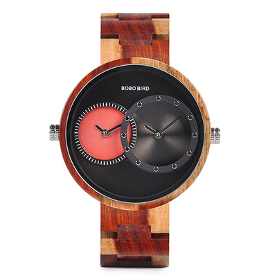 Ultra Thin Men Watch Original Wood Watches 2 Time Zone Display Quartz Wristwatch