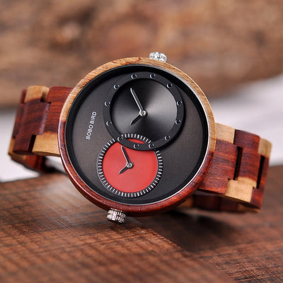 Ultra Thin Men Watch Original Wood Watches 2 Time Zone Display Quartz Wristwatch