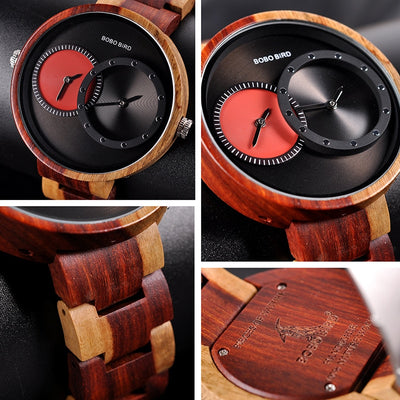 Ultra Thin Men Watch Original Wood Watches 2 Time Zone Display Quartz Wristwatch