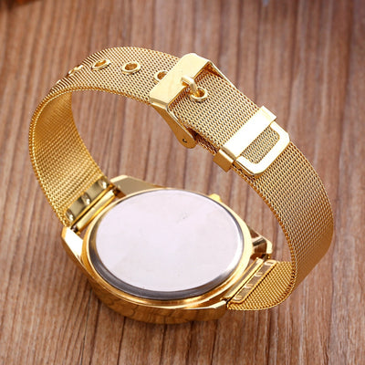 Golden Metal Mesh Women Quartz Wrist Watch New Fashion Casual Crystal Ladies Watches