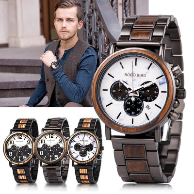 Wood Watches  Mens Military Wristwatch Chronograph Retro Wrist Watches