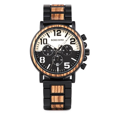 Wood Watches  Mens Military Wristwatch Chronograph Retro Wrist Watches