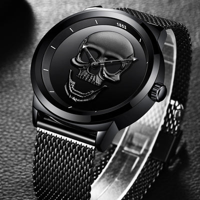 New Skeleton Skull Quartz Mens Watches Mesh Steel sports Black Watch Men