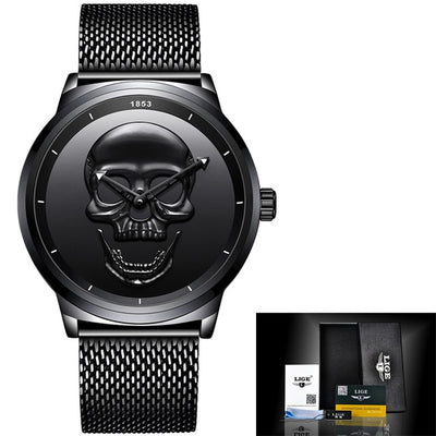 New Skeleton Skull Quartz Mens Watches Mesh Steel sports Black Watch Men